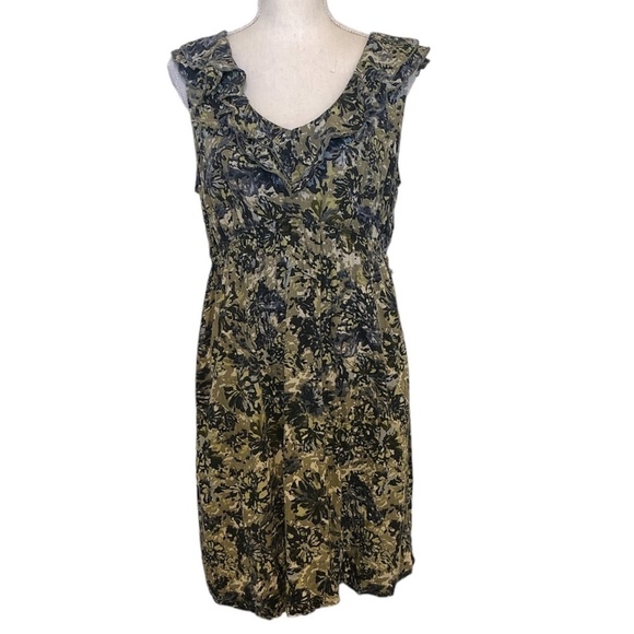 MOTHERHOOD Maternity Dress Women's Size Large Green Floral Print Ruffled V-Neck - Picture 1 of 12